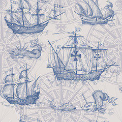 Old caravel, vintage sailboat, sea monster. Vector seamless pattern