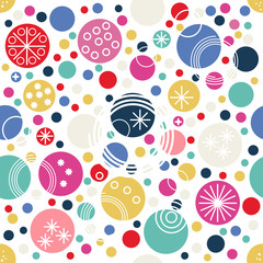 Spotted colorful festive abstract seamless pattern in retro style. Dotted wallpaper. Random polka dot background. Red, blue, yellow, green circles on white. Wrapping paper. Vector illustration.