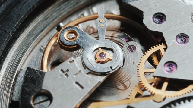 Old vintage clock mechanism working, closeup shot with soft focus.Close up of a internal clock mechanism.Watch mechanism macro loop.Vintage Watch Gears Movement Macro