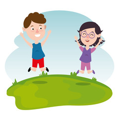 couple happy kids characters vector illustration design