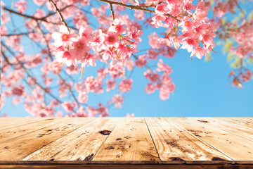 Fototapeta na wymiar Top of wood table empty ready for your product and food display or montage with pink cherry blossom flower (sakura) on sky background in spring season.
