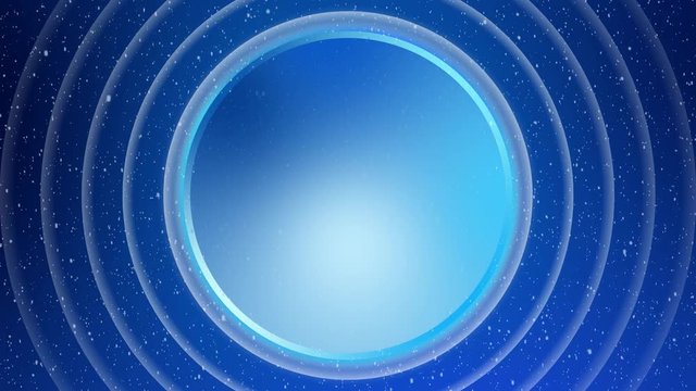 Blue background with gradient color circle and radio signal waves. Expanding concentric circles radiating out from the center. Snowflakes and Blur effect. Big space for titles and teleshopping text.