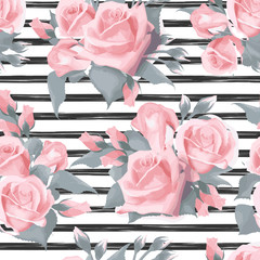 Imprimé rayé bleu marine avec des bouquets de fleurs roses Modèle vectorielle continue