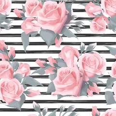 Photo sur Plexiglas Roses Imprimé rayé bleu marine avec des bouquets de fleurs roses Modèle vectorielle continue