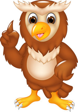 sweet owl cartoon posing with smiling and pointing