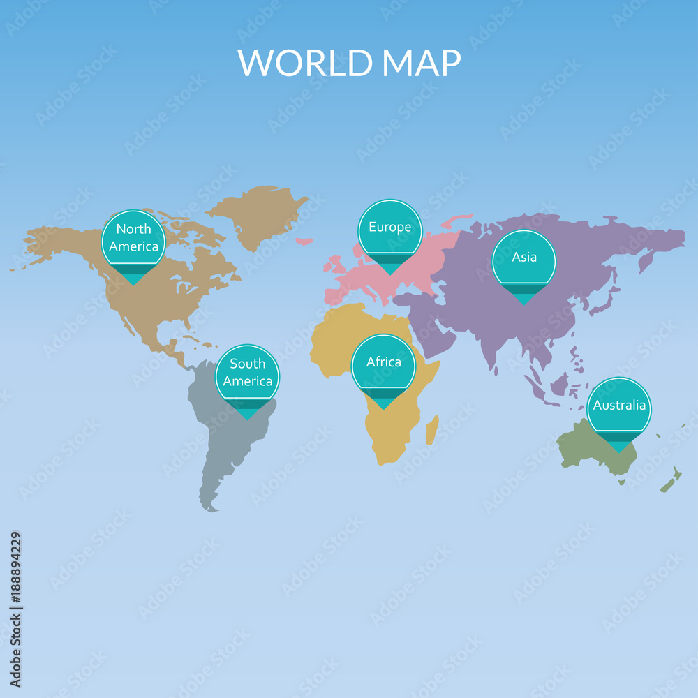 Poster world map with continents and map pointers or markers. vector illustration.