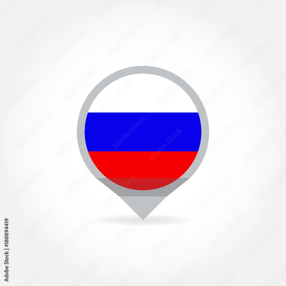Poster flag of russia in shape of map pointer or marker. russian national symbol icon. vector illustration.