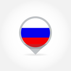 Flag of Russia in shape of map pointer or marker. Russian national symbol icon. Vector illustration.