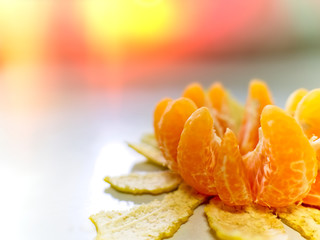 peel orange or tangerine fruit lotus sharp on right background with red light