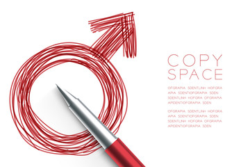 Male gender symbol hand drawing by pen sketch red color, illustration isolated on white background, with copy space