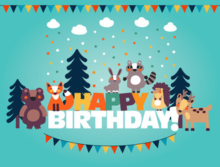Happy birthday - lovely vector card with funny cute animals and garlands. Modern vector style. Ideal for cards, logo, invitations, party, banners, kindergarten, preschool and children room decoration