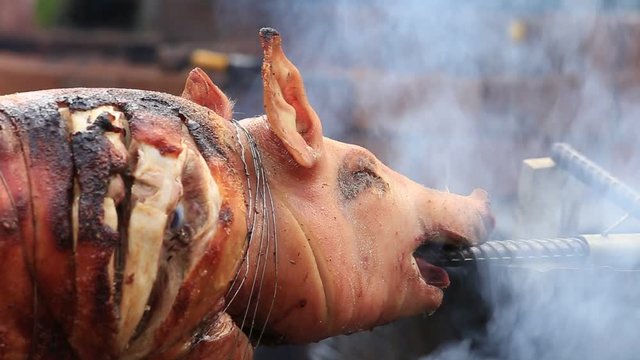 Roasting piglet , grilled pig at street food market in Koh Phangan, Thailand. Close up