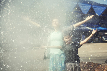 Two girls happy near hot springs at Mea Khajan, Wiang Pa Poa, Chiang Rai, Thailand