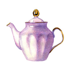 hand drawn watercolor porcelain kettle on white background