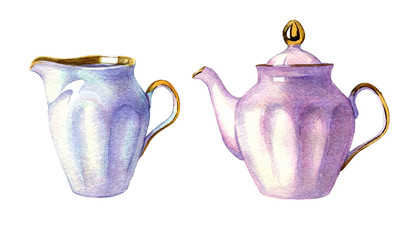 set of hand drawn watercolor porcelain kettle on white background