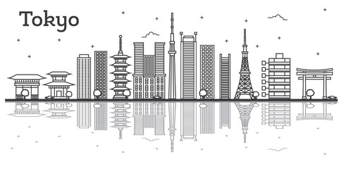 Obraz premium Zarys Tokio Japonia City Skyline z nowoczesnymi budynkami na białym tle.