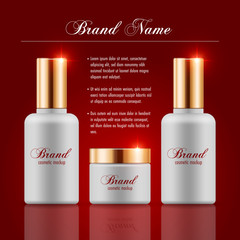 Set of cosmetic products on red background. Packaging template. Vector illustration