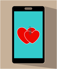 Two hearts bonded together with a clip on the mobile phone screen