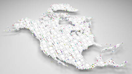 Map of North America | 3d Rendering, mosaic of little bricks - White and harlequin colors