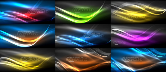 Set of neon smooth light glowing waves in the dark, abstract backgrounds