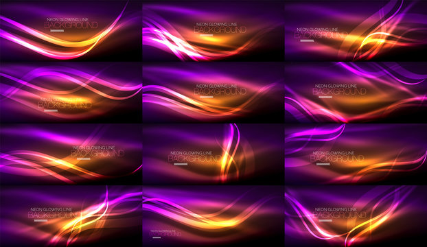 Set of neon smooth light glowing waves in the dark, abstract backgrounds