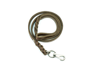 Pet leash of brown leather isolated on white background.  Concept pet supplies about leash.