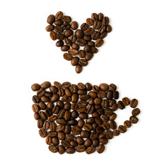 Coffee beans laid in the form of cups and hearts on a white background. .