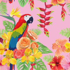 Tropical seamless pattern with macaw and colorful flower, hibiscus, bird of paradise on pink background. Vector set of exotic tropical garden for wedding invitations, greeting card fashion design.