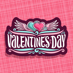 Vector logo for St. Valentine's Day, label with 2 hearts pierced arrow and pair wings, original handwritten font for greeting text valentines day, cut paper sign for romantic valentine holiday.
