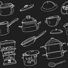 Hand drawn doodle pots steamers seamless pattern
