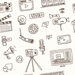 Hand drawn doodle video blogging seamless pattern