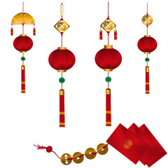 Set of  Red Chinese Lanterns and red envelope for Happy New Year.  Isolated on White Background