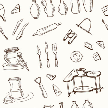 Hand drawn doodle ceramic classes seamless pattern