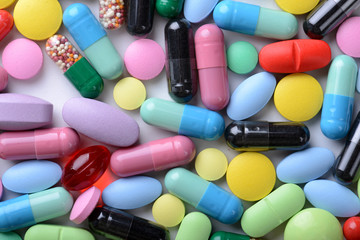Pharmacy theme. Multicolored Isolated Pills and Capsules