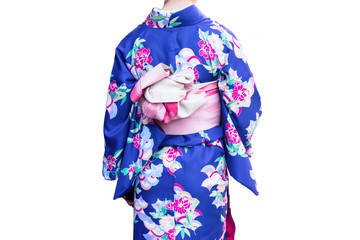 Woman in traditional Japanese kimonos isolated on white background.