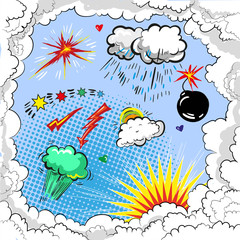 Vector pop art comic book style explosion boom set