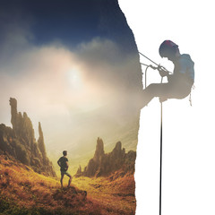 Climber on a cliff and hiker in a mountain valley