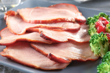 Plate with sliced honey baked ham, closeup
