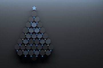 Christmas tree made of hexagons with blue decorative spheres and a star. 3d illustration.