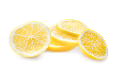 Slices of fresh ripe lemon on white background