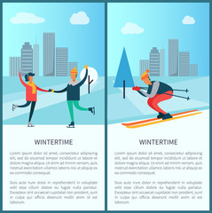 Wintertime Skaters and Skier Vector Illustration