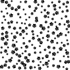 Fototapeta na wymiar Monochrome Bear Footprints in Black and White. Prints of Paws with Big Claws for Petshop Design or for Goods for Pets. Simple Pattern for Print, Logo or Poster. Vector Confetti Background.