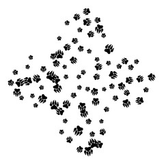 Monochrome Bear Footprints in Black and White. Prints of Paws with Big Claws for Petshop Design or for Goods for Pets. Simple Pattern for Print, Logo or Poster. Vector Confetti Background.