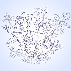 Vector set of blue line rose flowers and leafs in bouquet. Floral design hand drawing elements.
