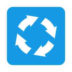 Icono plano circulo con cuatro flechas en cuadrado azul