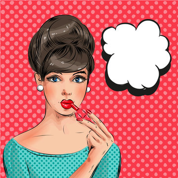 Vector pop art illustration of woman painting her lips