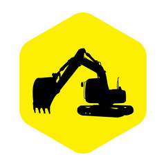 Icono plano silueta excavadora negro en hexagono amarillo
