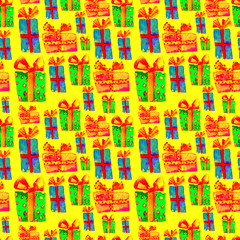 Fototapeta premium Seamless Pattern with Hand Drawn Watercolor Gifts with Bow. Christmas Background. Party or Birthday Design. Repeatable New Year Pattern. Can be used For Textile Print, Packaging, Wallpaper, Wrapper.