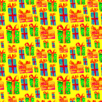 Seamless Pattern with Hand Drawn Watercolor Gifts with Bow. Christmas Background. Party or Birthday Design. Repeatable New Year Pattern. Can be used For Textile Print, Packaging, Wallpaper, Wrapper. © litvinovaelena86