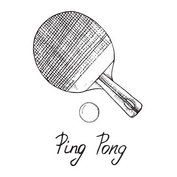 Ping pong paddle and ball, hand drawn doodle sketch with inscription, isolated vector outline illustration
